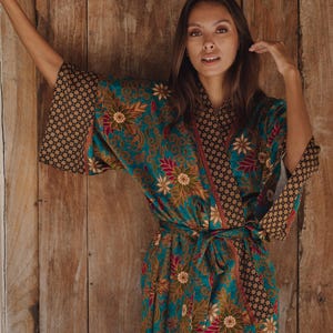 Turquoise silk blend kimono robe, ladies full length satin dressing gown, Honeymoon Lounge Wear, Luxury gift for mother, wife, girlfriend