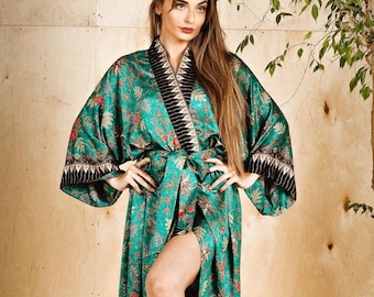 Boho silk kimono robe, Long lounge dressing gown, Satin bathrobe women sleepwear, Plus size boudoir robe, 21st birthday gifts for her