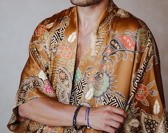 Gold Silk Blend Kimono Robe: Satin Dressing Gown for men - US tariffs paid