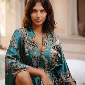 Teal Silk blend kimono robe, Plus size dressing gown woman, Honeymoon Lounge Wear, Luxury Christmas gift for mother, wife, girlfriend