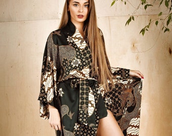 Black Silk Kimono Robe For Women, Bohemian Dressing Gown, Long Satin Robe,  Christmas gift for wife girlfriend mom sister