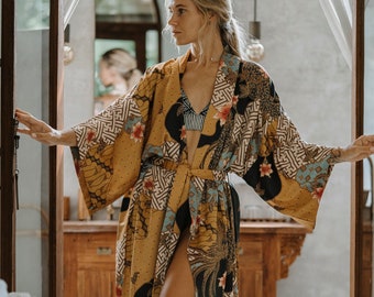 Abito kimono in misto seta boheme, vestaglia da donna in oro taglie forti, abbigliamento da salotto per la luna di miele, regalo di lusso per la festa della mamma, moglie fidanzata mamma