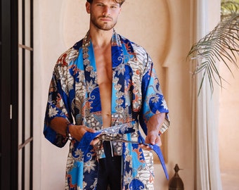 Blue mens silk kimono robe, Boheme silk dressing gown for man, Luxury long satin bathrobe, Birthday present for husband, boyfriend
