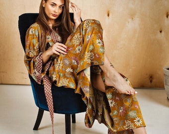 Bali silk long kimono robe boheme, Gold plus size dressing gown, Honeymoon Lounge Wear, Luxury Christmas gift for wife girlfriend mom sister