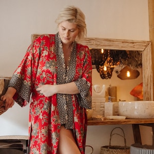 Red plus size dressing gown for woman, Silk blend kimono robe for curvy lady, Lounge Wear, Luxury gift for new mom after birth