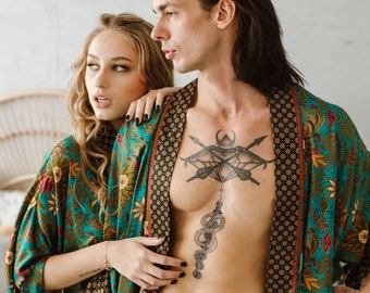 Mens Silk Blend Kimono Robe, Satin dressing gown, Plus Size Bathrobe