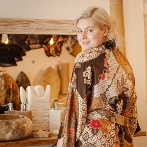 Handmade plus size Bali kimono robe with batik, Silk blend kimono for curvy women, Postpartum gift for wife girlfriend sister