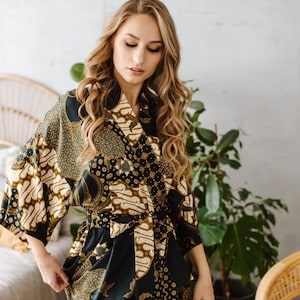 Black Silk Kimono Robe For Women, Bohemian Dressing Gown, Long Satin Robe,  Christmas gift for wife girlfriend mom sister