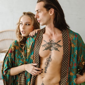 Oriental mens silk kimono robe, Oversized plus size satin dressing gown, Luxury loungewear bathrobe for man, gift for husband, boyfriend