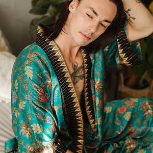Türkis Boho Herren Seidenmischung Kimono Robe, Übergroßer Plus Size Morgenmantel, Luxus Satin Loungewear Bademantel, Geschenk für Ehemann, Freund