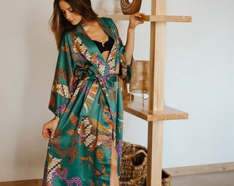 Bali silk kimono robe, Long lounge dressing gown boheme, Satin bathrobe women sleepwear, Plus size boudoir robe, Luxury step mom gift
