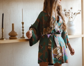 Abito kimono corto in misto seta boheme, vestaglia verde da donna, abbigliamento da salotto per la luna di miele, regalo di lusso per la festa della mamma, moglie fidanzata mamma