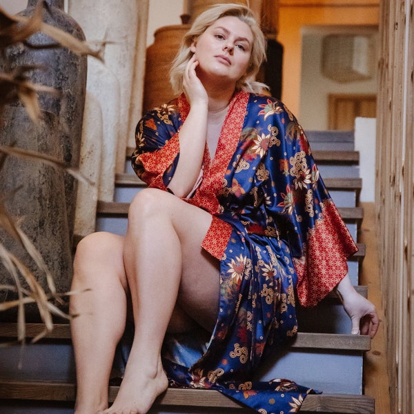 Blue batik plus size dressing gown for woman, Silk blend kimono robe for curvy lady, Lounge Wear, Luxury gift for new mom after birth