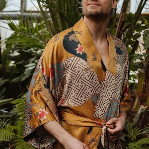 Silk mens kimono robe, Boheme dressing gown for man, Luxury long satin bathrobe, Birthday present for husband, boyfriend, Father days gift