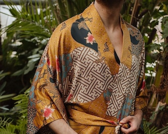 Silk mens kimono robe, Boheme dressing gown for man, Luxury long satin bathrobe, Birthday present for husband, boyfriend, Father days gift