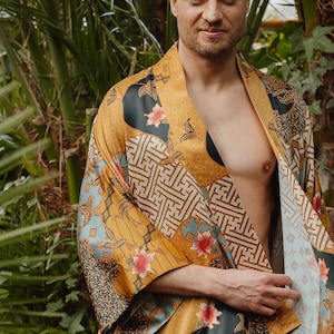 Abito kimono da uomo in seta, vestaglia Boheme per uomo, accappatoio di raso lungo di lusso, regalo di compleanno per marito, fidanzato, regalo per i giorni del padre immagine 6