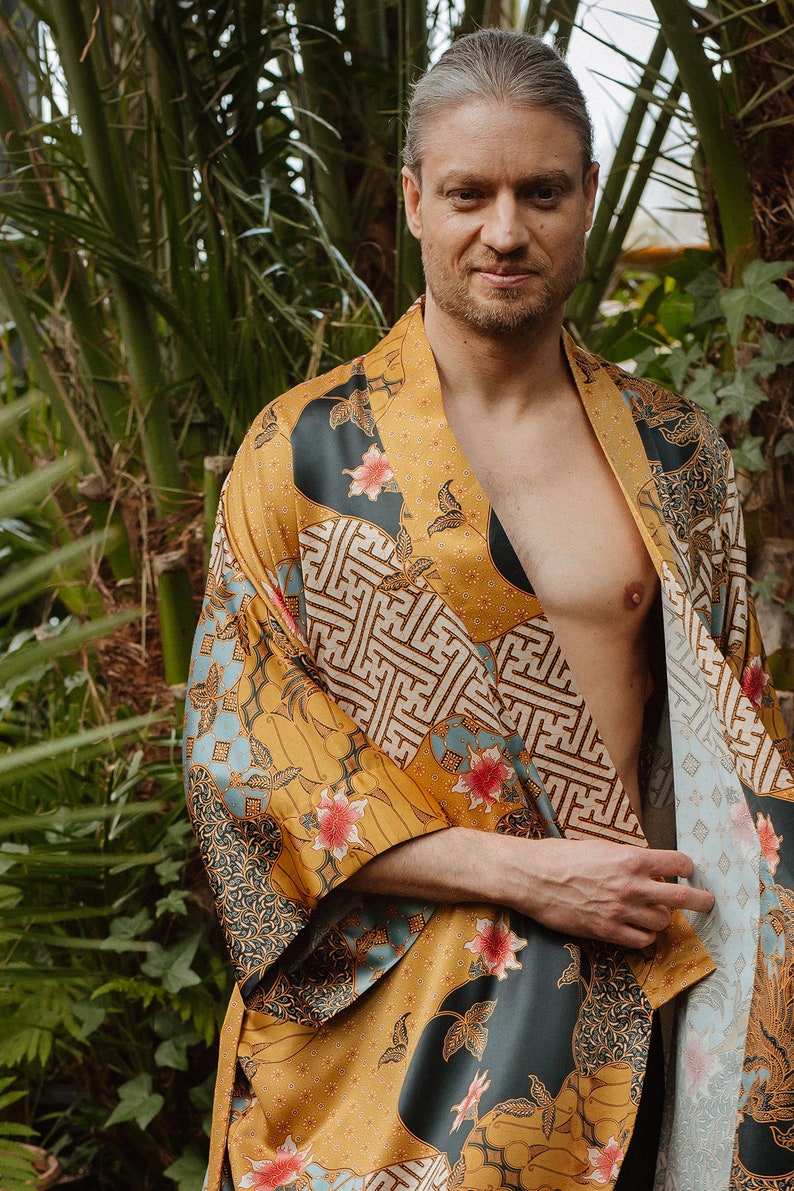 Silk mens kimono robe, Boheme dressing gown for man, Luxury long satin bathrobe, Birthday present for husband, boyfriend, Father days gift image 6