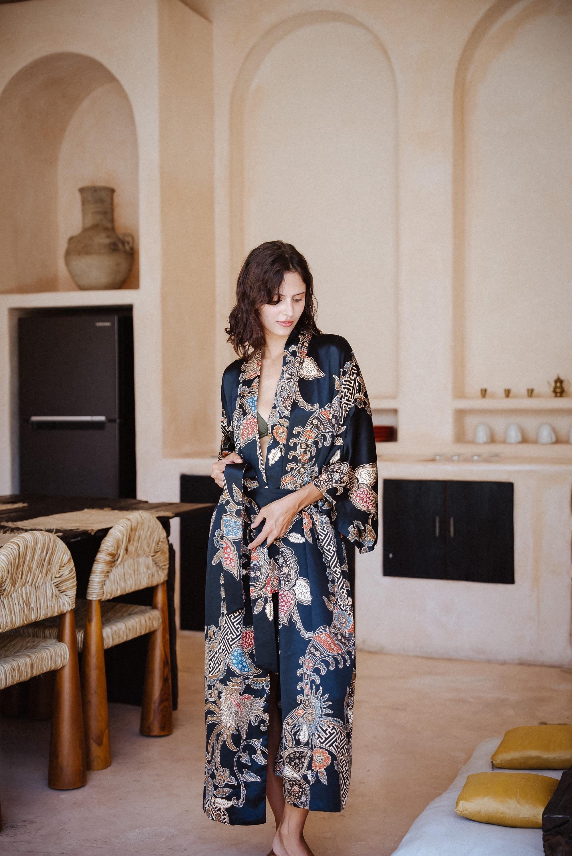 Black Silk blend Kimono Robe For Women, Bohemian Dressing Gown, Long Satin Robe,  Luxury Christmas gift for wife girlfriend mom sister