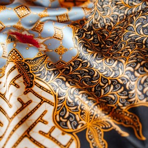 May include: A silk fabric featuring a detailed batik pattern with a light blue background, intricate black and gold floral motifs, and small red accents. The material is draped to show the texture and the repeating geometric and organic designs.