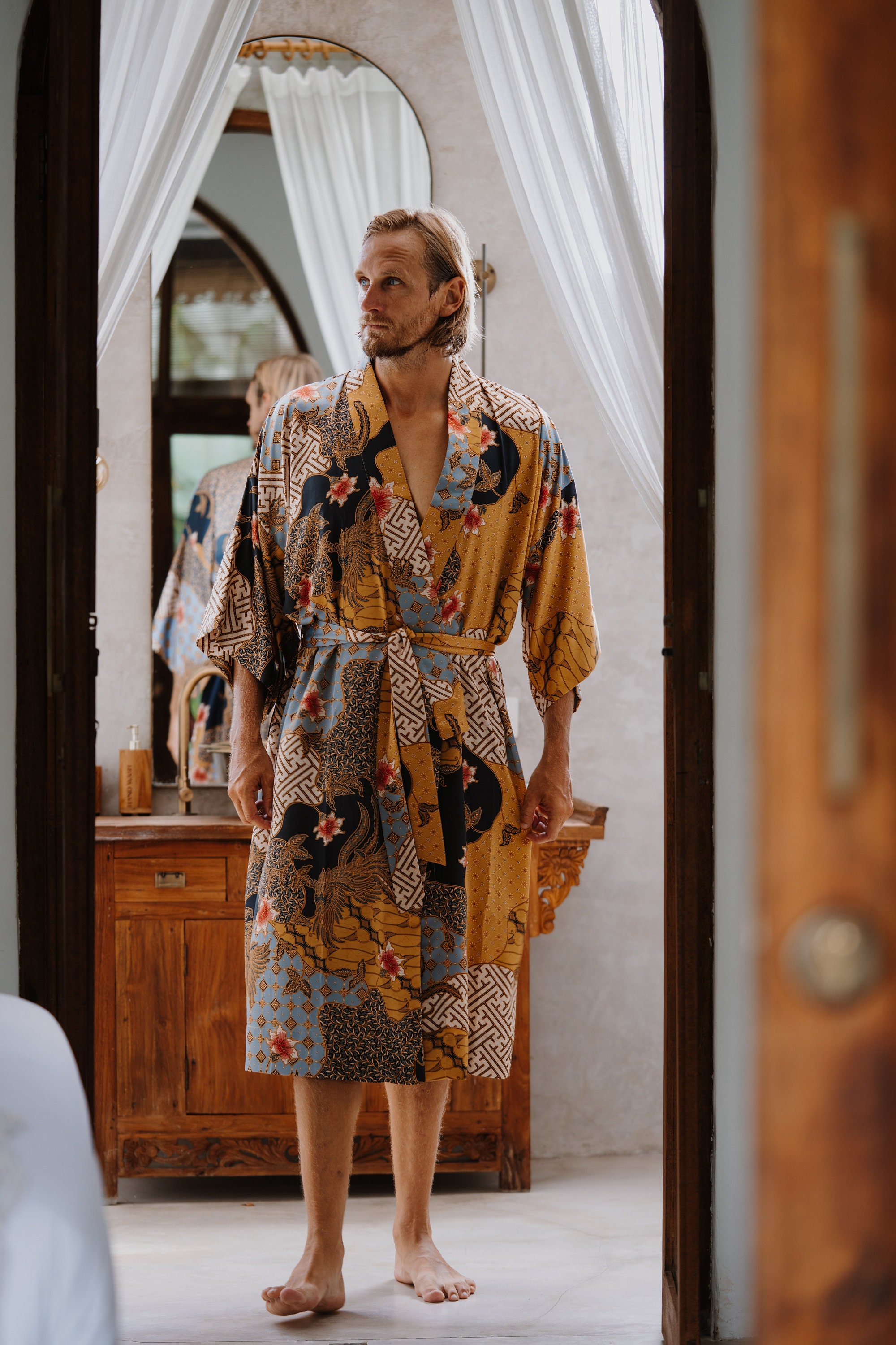 Bohemian Mens Silk Kimono Green & Gold Silk Kimono Robe for Man Silk Pajama  Robe for Men Bathrobe Perfect Christmas Gift for Him 