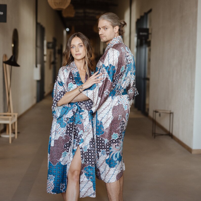 Blue Patterned Robe Blue Batik Silk Blend Kimono Robe, Plus Size Lounge Wear - Etsy