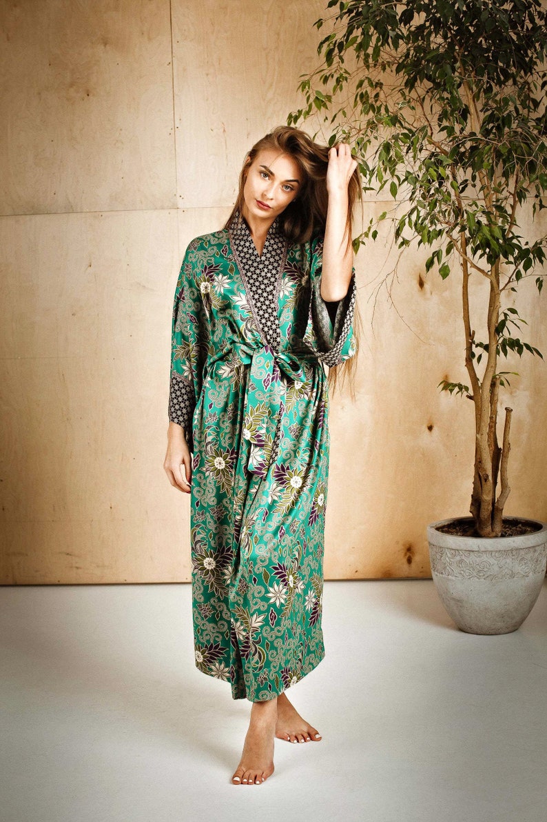 Turquoise Silk Kimono Dressing Gown Long Lounge Robe Boheme Etsy
