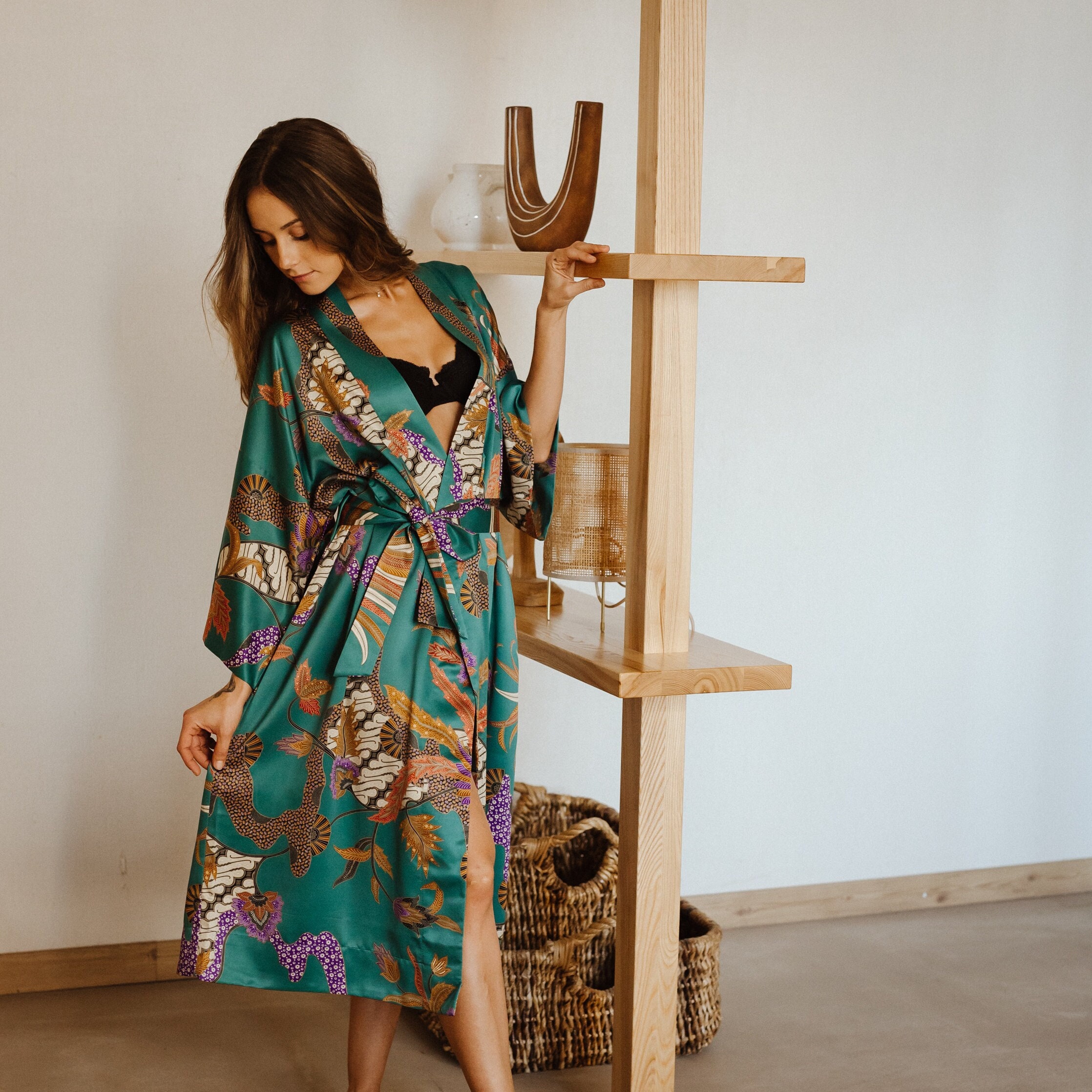 Natori Private Luxuries Satin Kimono Robe With Water Lily Design