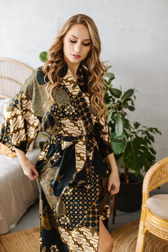 Black Silk Kimono Robe For Women, Bohemian Dressing Gown, Long Satin Robe,  Christmas gift for wife girlfriend mom sister