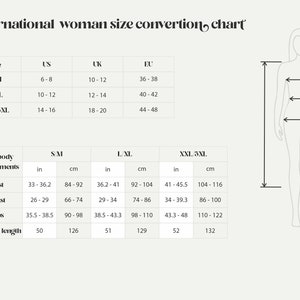 Puede incluir: Una tabla de conversi&oacute;n de tallas para ropa de mujer, que muestra las tallas de EE. UU., Reino Unido y UE, junto con las medidas de busto, cintura, cadera y longitud de kimono correspondientes en pulgadas y cent&iacute;metros.