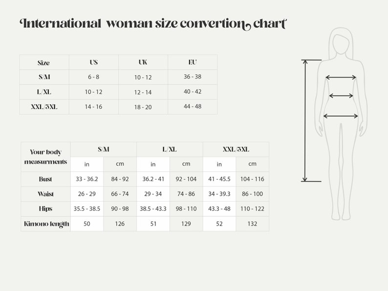 Puede incluir: Una tabla de conversi&oacute;n de tallas para ropa de mujer, que muestra las tallas de EE. UU., Reino Unido y UE, junto con las medidas de busto, cintura, cadera y longitud de kimono correspondientes en pulgadas y cent&iacute;metros.
