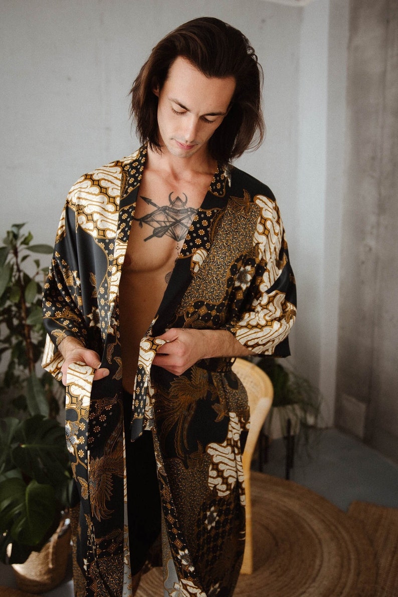 Black and gold mens silk kimono robe, Boheme silk dressing gown for man, Luxury long satin bathrobe, Birthday present for husband, boyfriend image 1