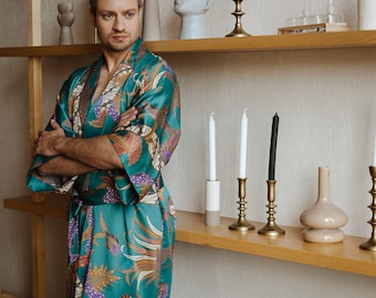 Robe caftan kimono longue pour hommes, robe de chambre Bali Batik, robe kimono en mélange de soie, cadeau de Noël pour mari, petit ami, cadeau de la fête des Pères