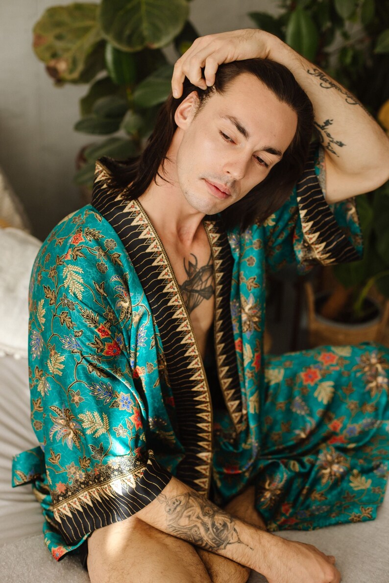 Men's Turquoise Robe Turquoise Boho Mens Silk Blend Kimono Robe, Oversized Plus Size ...