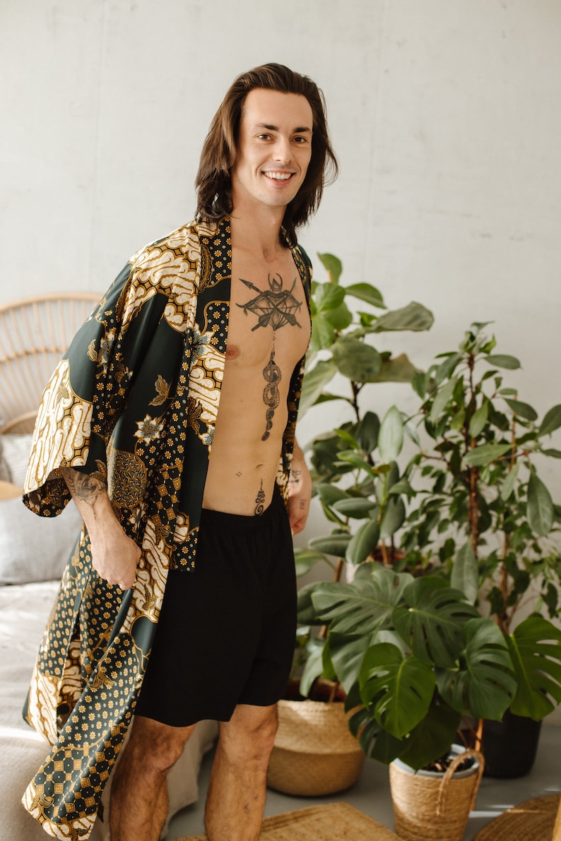 Schwarz und Gold Herren Kimono Robe aus Seide, Boheme Seiden Morgenmantel für Mann, Luxus langer Satin Bademantel, Geburtstagsgeschenk für Ehemann, Freund Bild 7