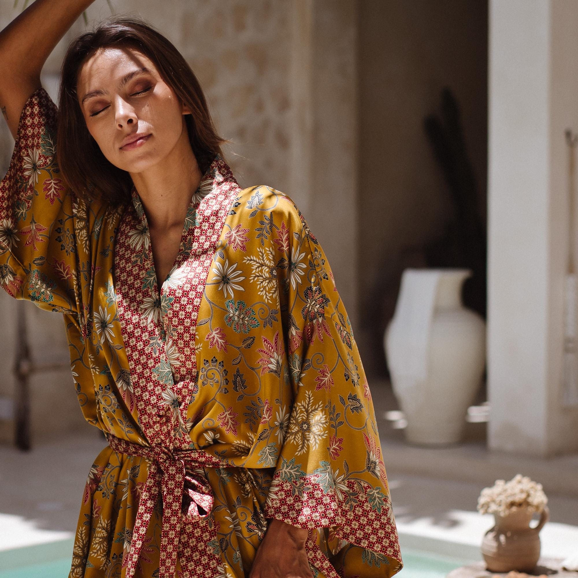 Batik Silk Blend Kimono Robe: Gold Bohemian Dressing Gown - Etsy