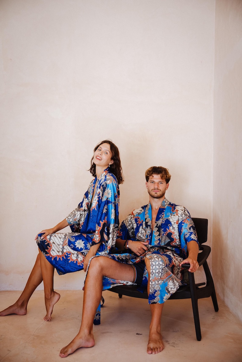 Blue Patterned Robe Short Blue Silk Blend Kimono Robe Boheme, Dressing Gown Woman ...