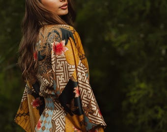Silk blend kimono robe boheme, Gold plus size dressing gown woman, Long satin honeymoon robe from Bali, Anniversary gift
