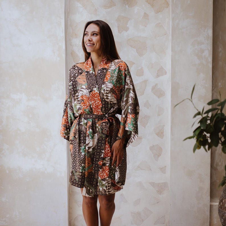 Short Brown Silk Blend Kimono Robe Boheme, Dressing Gown Woman ...