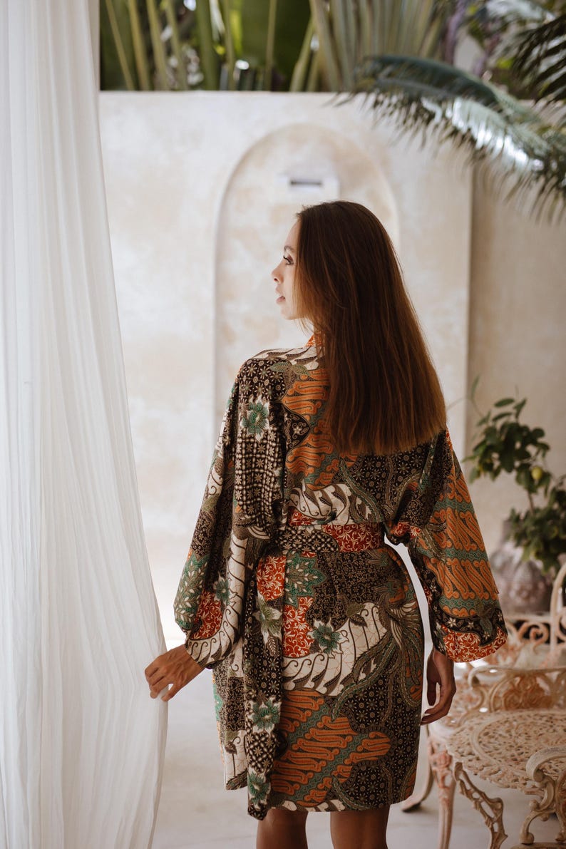 Short Brown Silk Blend Kimono Robe Boheme, Dressing Gown Woman ...