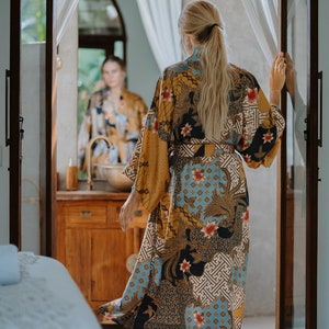 Silk kimono robe boheme, Gold plus size dressing gown woman, Long satin honeymoon robe from Bali, Anniversary gift image 7
