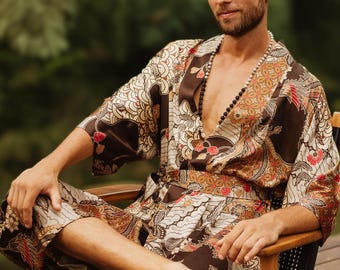 Mens silk blend kimono robe, Luxury satin dressing gown, Resortwear