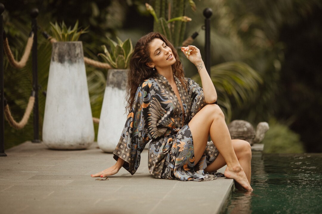 Black Silk Blend Kimono Robe, Long Satin Dressing Gown, Luxury