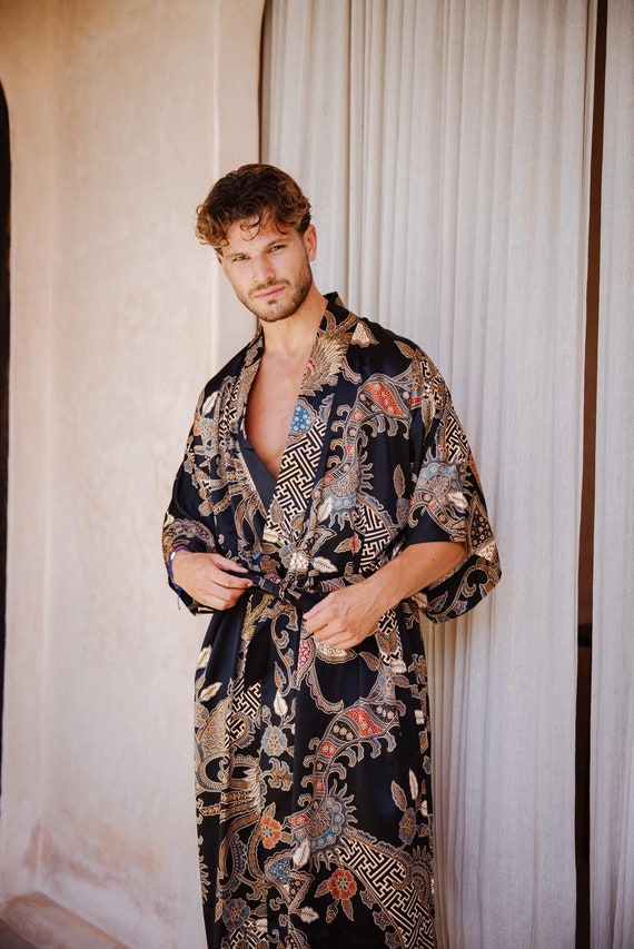 Black and Gold Mens Silk Blend Kimono Robe, Boheme Dressing Gown for Man,  Luxury Long Satin Bathrobe, Birthday Present for Husband, Dad - Etsy Denmark