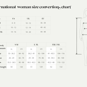 May include: A size conversion chart for women's clothing, showing US, UK, and EU sizes, along with corresponding bust, waist, hip, and kimono length measurements in inches and centimeters.