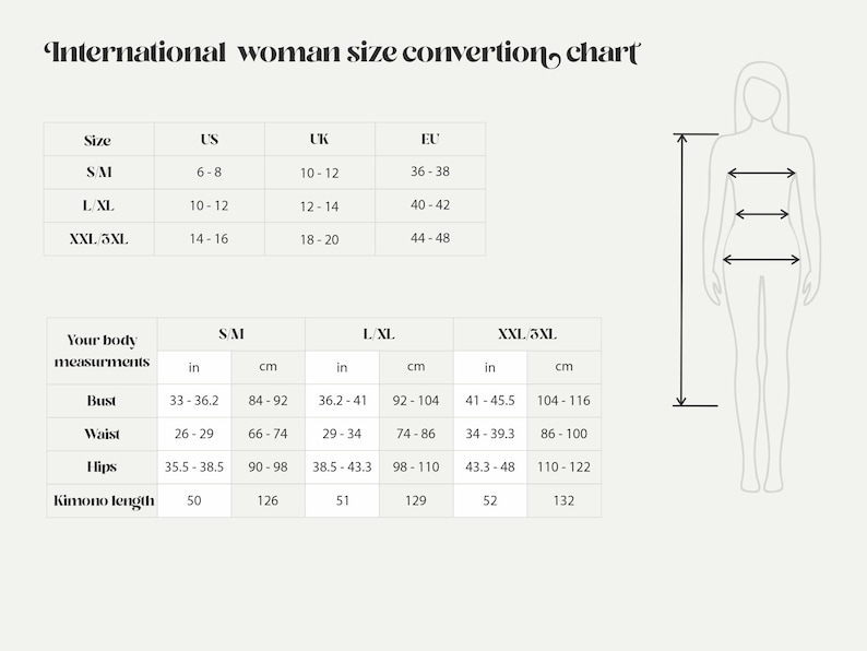 May include: A size conversion chart for women's clothing, showing US, UK, and EU sizes, along with corresponding bust, waist, hip, and kimono length measurements in inches and centimeters.