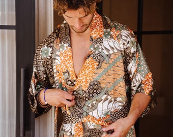 Mens Silk blend Kimono Robe: Satin Dressing Gown - US tariffs paid