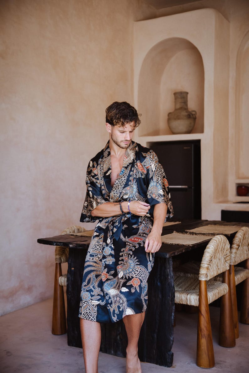 Black and Gold Mens Silk Blend Kimono Robe, Boheme Dressing Gown for ...