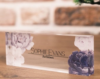 Floral Acrylic Teacher Name Plate, Custom Office Desk Decor