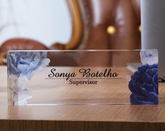 Personalized Blue Marble Acrylic Nameplate, Modern Desk Decor