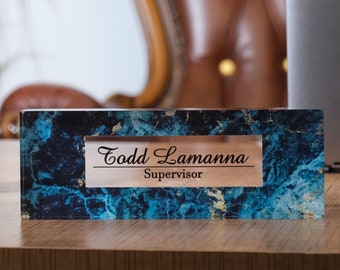 Custom Blue Marble Acrylic Nameplate, Personalized Desk Decor